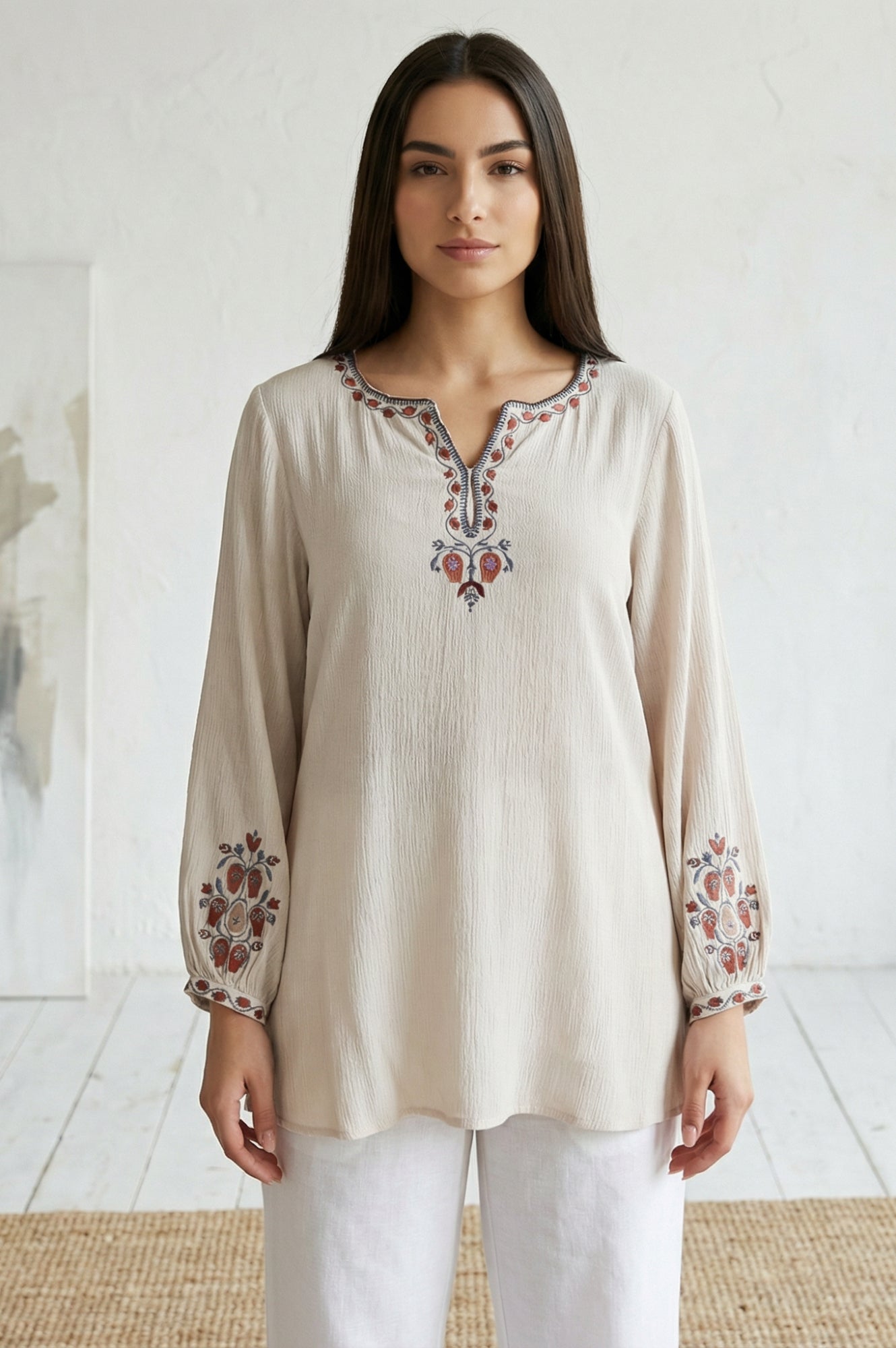 Off White Floral Embroidered Straight Top