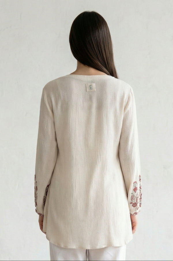 Off White Floral Embroidered Straight Top