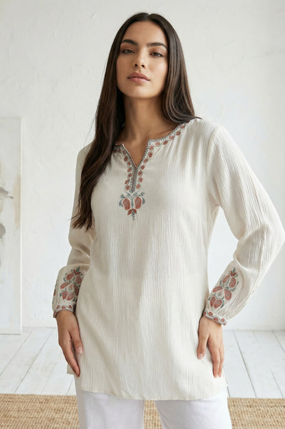 Off White Floral Embroidered Straight Top