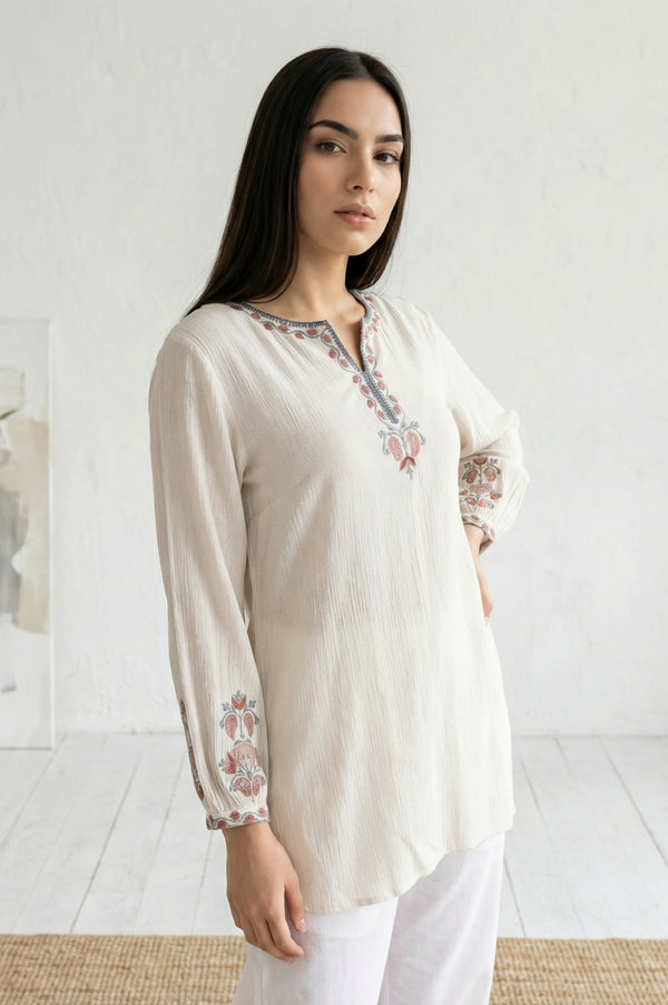 Off White Floral Embroidered Straight Top