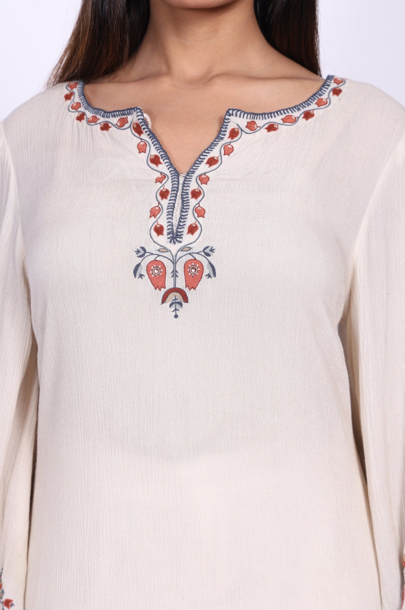 Off White Floral Embroidered Straight Top