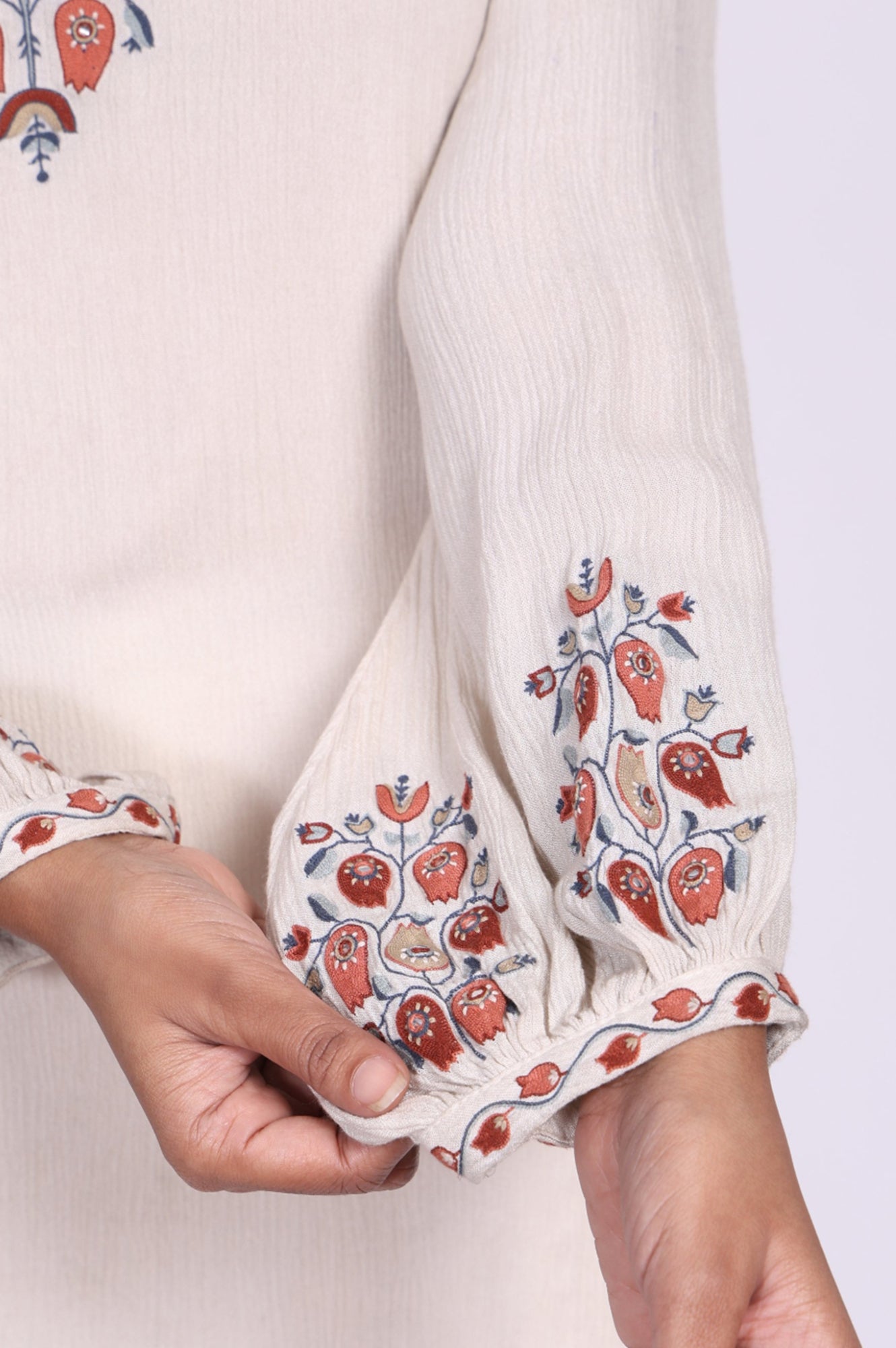 Off White Floral Embroidered Straight Top