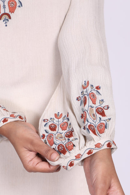 Off White Floral Embroidered Straight Top