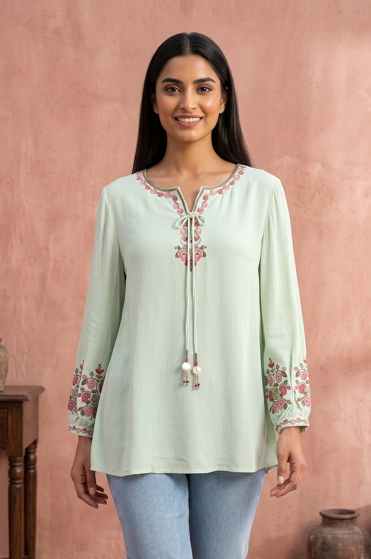 Mint Green Embroidered Rayon Straight Top - L