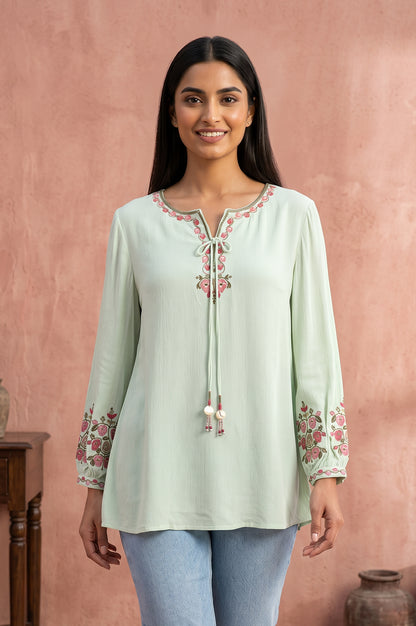 Mint Green Embroidered Rayon Straight Top