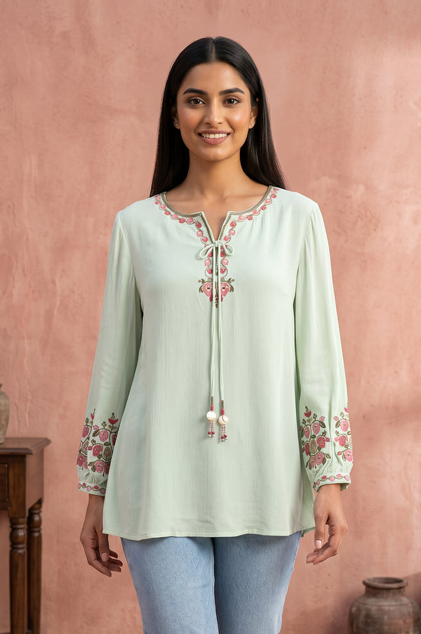 Mint Green Embroidered Rayon Straight Top