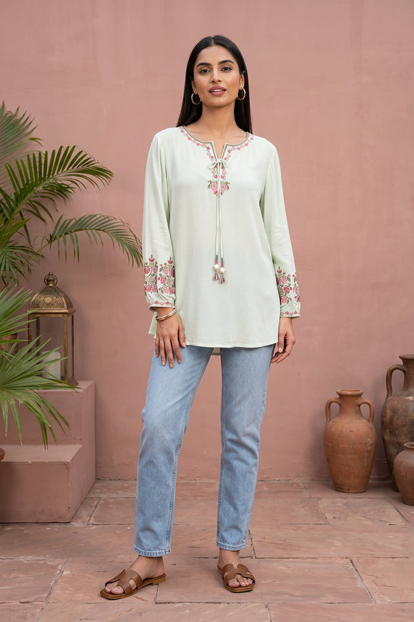 Mint Green Embroidered Rayon Straight Top