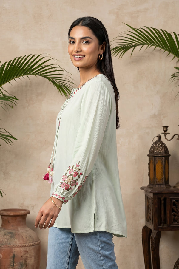 Mint Green Embroidered Rayon Straight Top