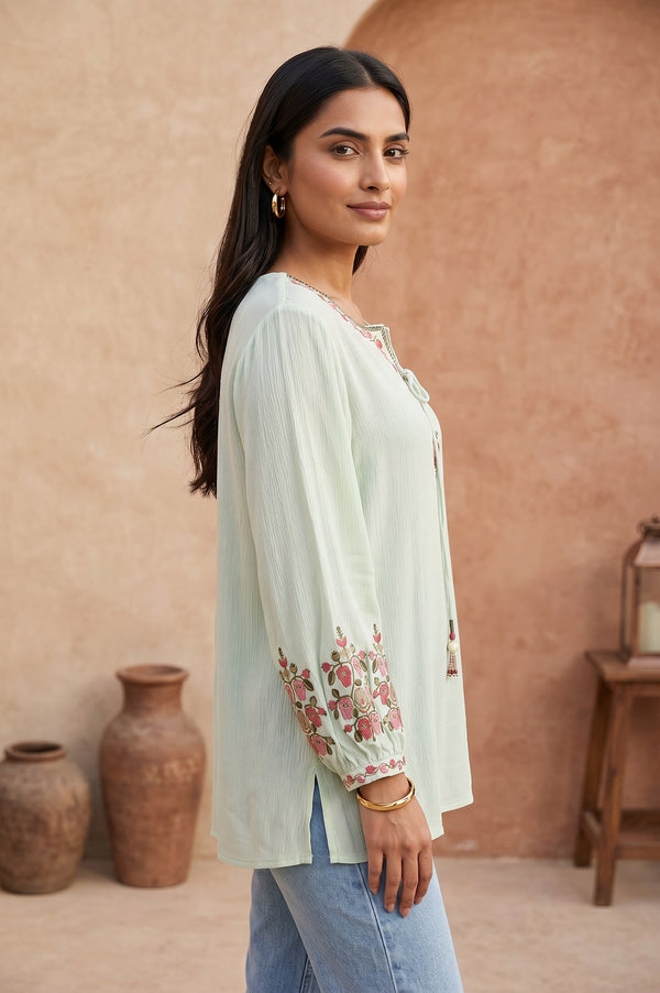 Mint Green Embroidered Rayon Straight Top