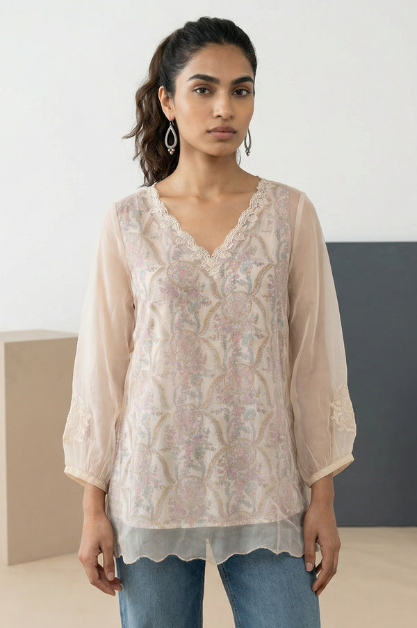 Cream Floral Printed Lace Organza Straight Top with Printed Slip