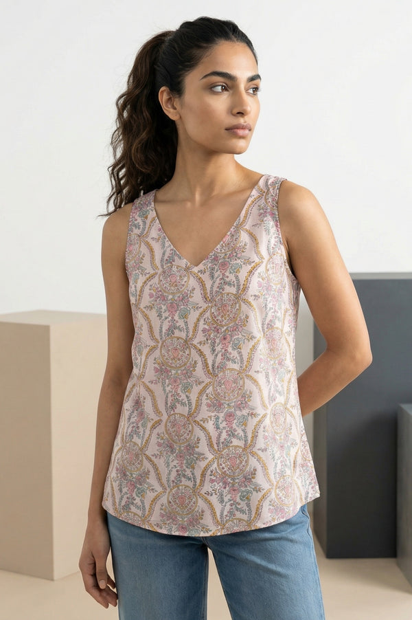 Cream Floral Printed Lace Organza Straight Top with Printed Slip