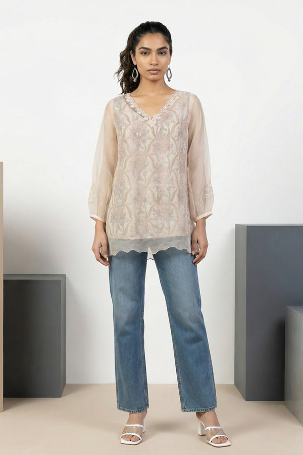 Cream Floral Printed Lace Organza Straight Top with Printed Slip