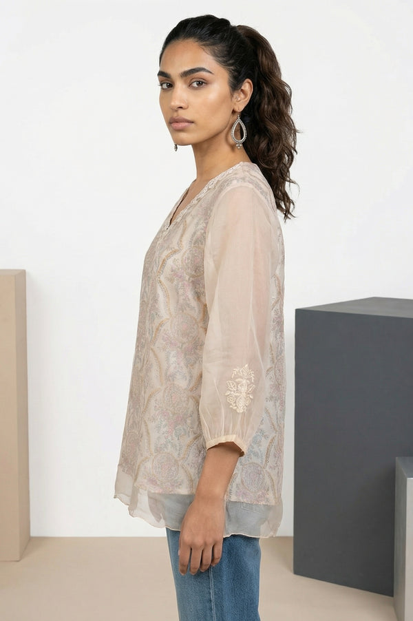 Cream Floral Printed Lace Organza Straight Top with Printed Slip