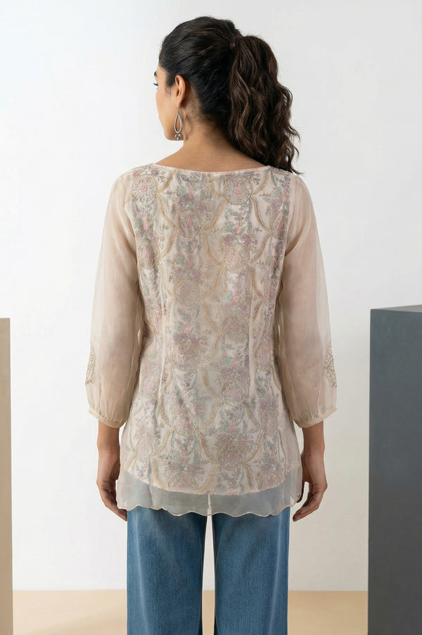 Cream Floral Printed Lace Organza Straight Top with Printed Slip