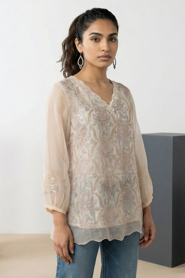 Cream Floral Printed Lace Organza Straight Top with Printed Slip