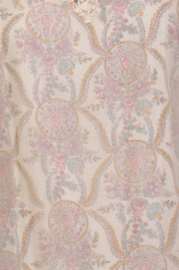 Cream Floral Printed Lace Organza Straight Top with Printed Slip