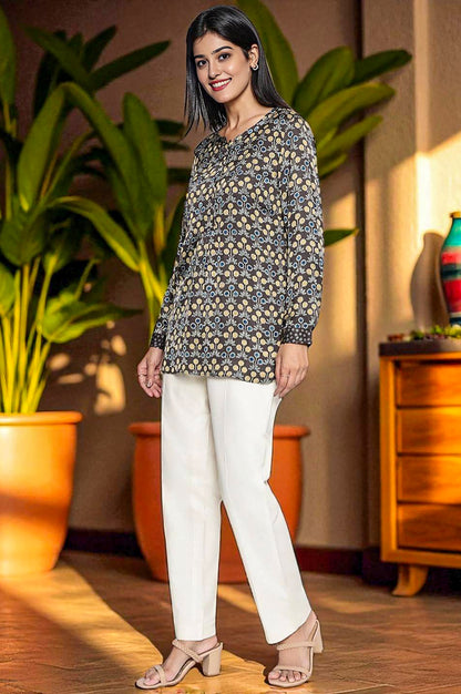 Black Printed Modal Satin Straight Top