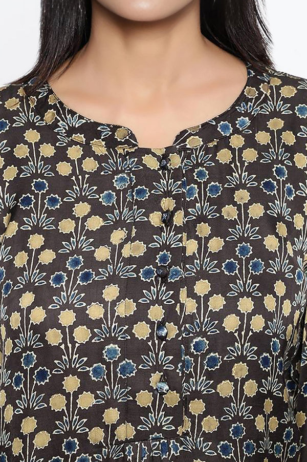 Black Printed Modal Satin Straight Top