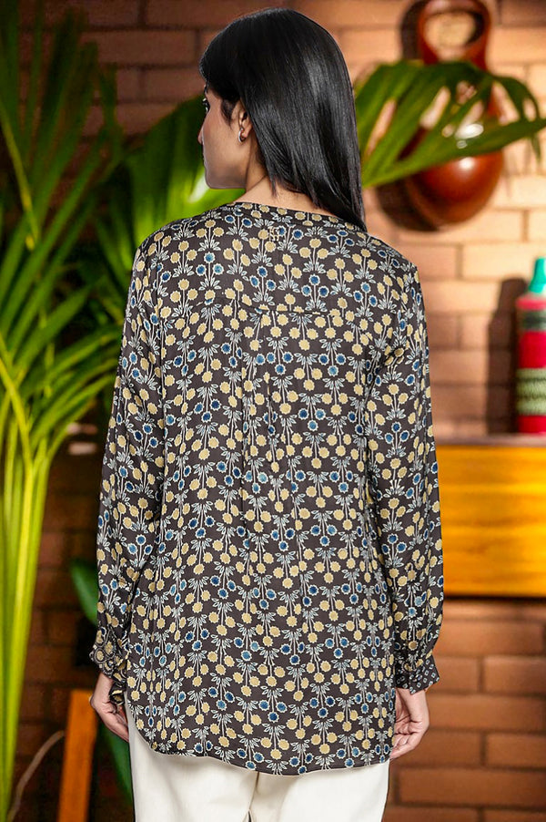 Black Printed Modal Satin Straight Top