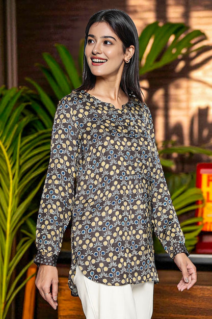 Black Printed Modal Satin Straight Top