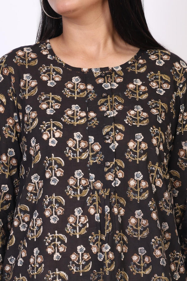 Black Floral Print Straight Cotton Top