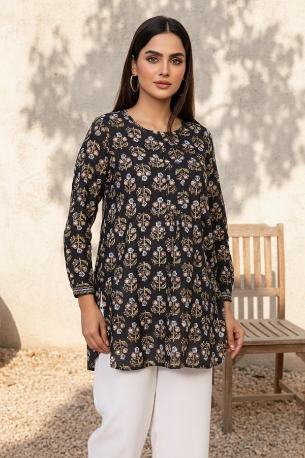 Black Floral Print Straight Cotton Top