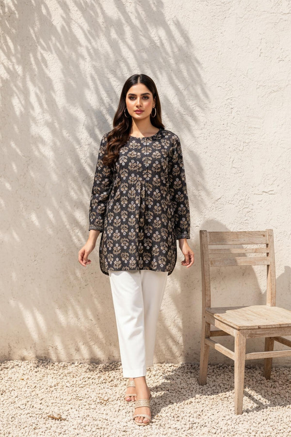 Black Floral Print Straight Cotton Top