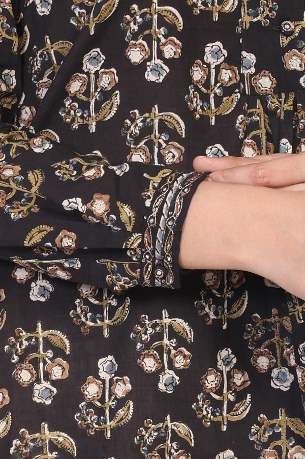Black Floral Print Straight Cotton Top