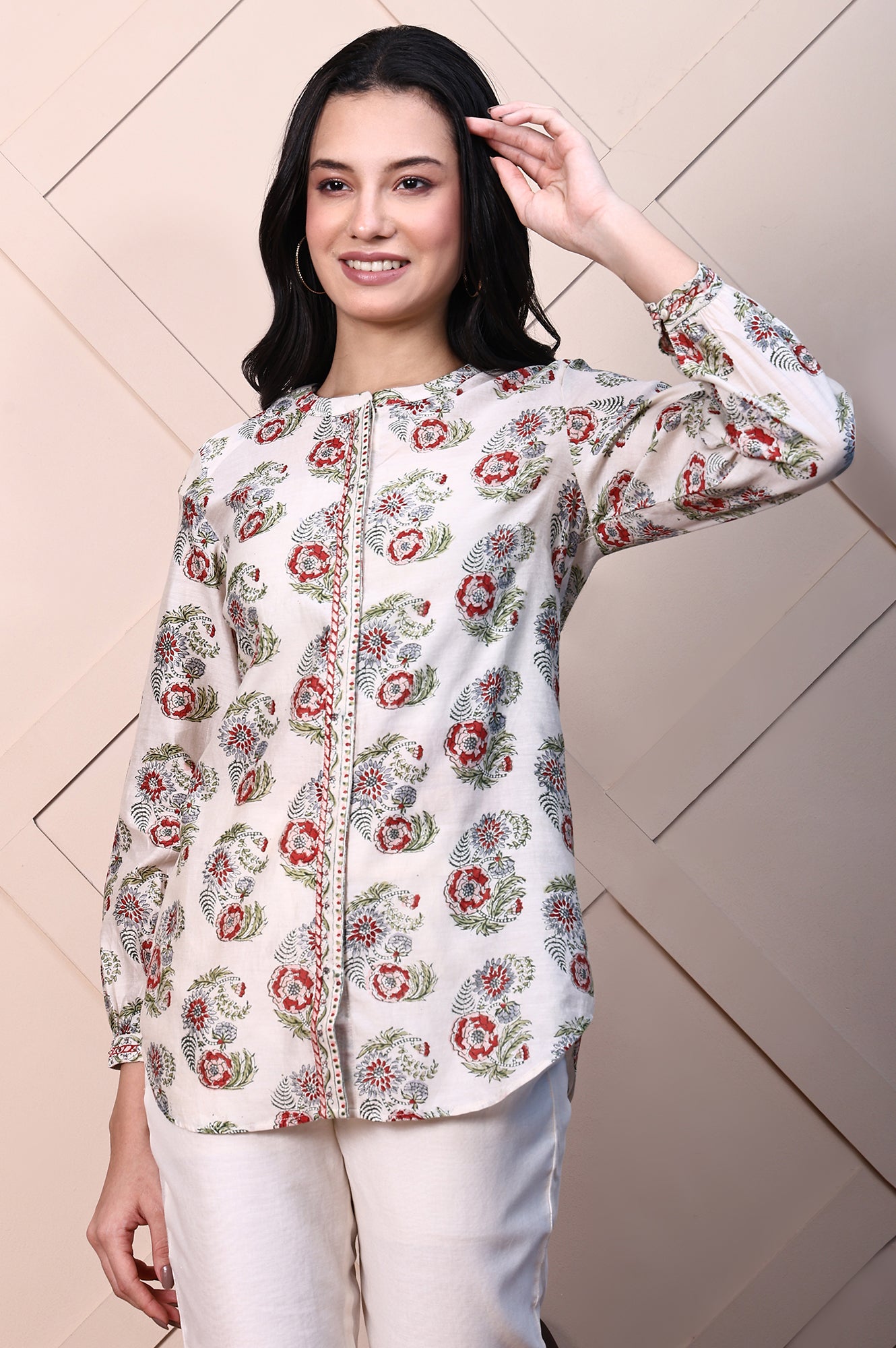 White Block Printed Cotton Silk Mirror Work Top with Sleeves