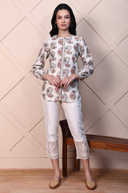 White Block Printed Cotton Silk Mirror Work Top with Sleeves