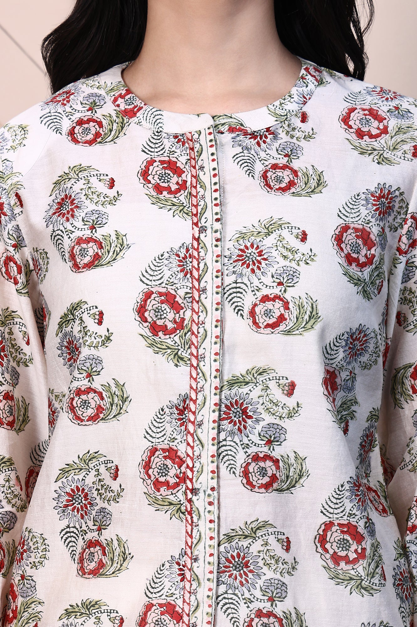 White Block Printed Cotton Silk Mirror Work Top with Sleeves