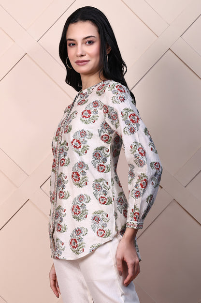 White Block Printed Cotton Silk Mirror Work Top with Sleeves