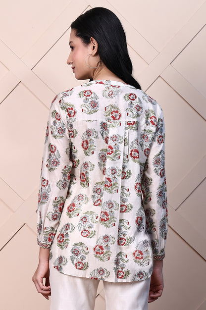 White Block Printed Cotton Silk Mirror Work Top with Sleeves