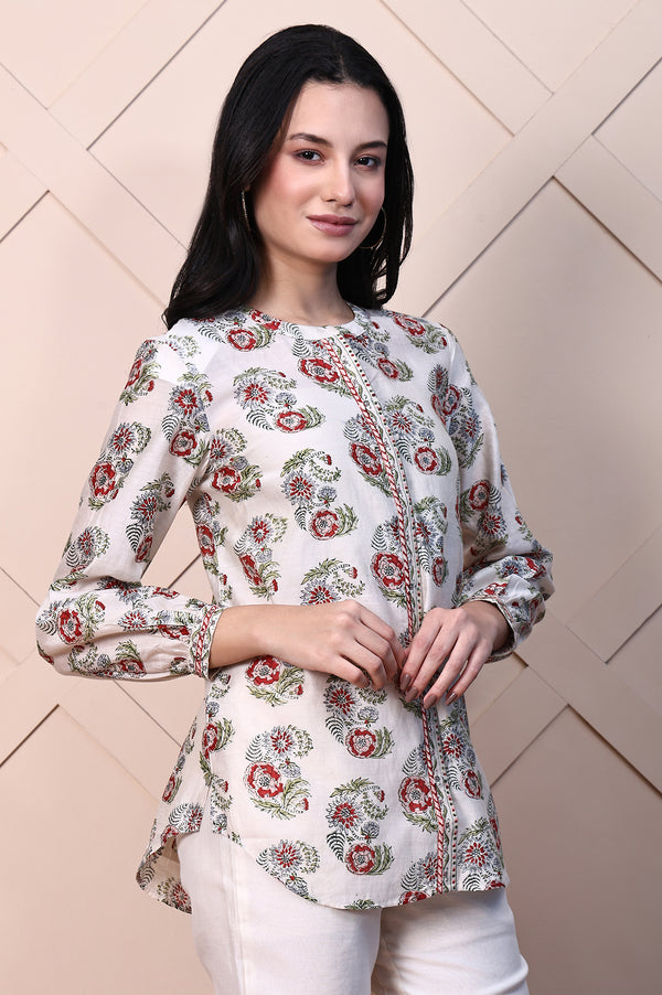 White Block Printed Cotton Silk Mirror Work Top with Sleeves