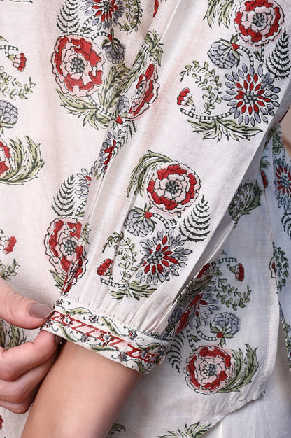 White Block Printed Cotton Silk Mirror Work Top with Sleeves