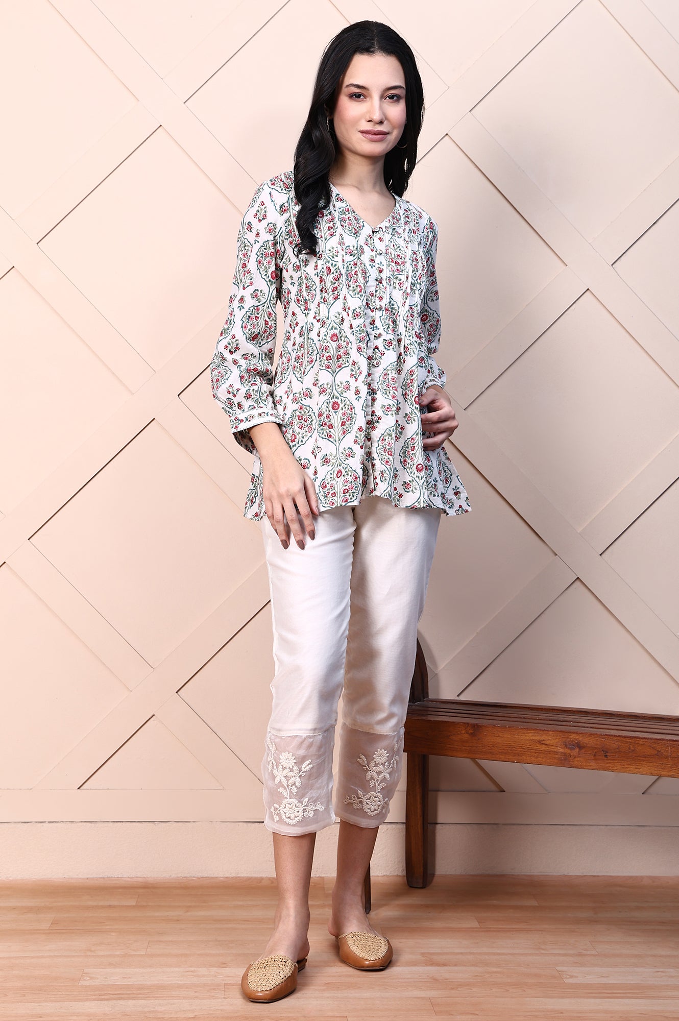 White Block Printed Pure Cotton A-line Fusion Top with Mirror Work