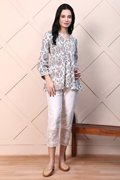 White Block Printed Pure Cotton A-line Fusion Top with Mirror Work