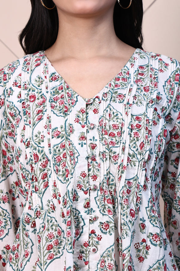 White Block Printed Pure Cotton A-line Fusion Top with Mirror Work