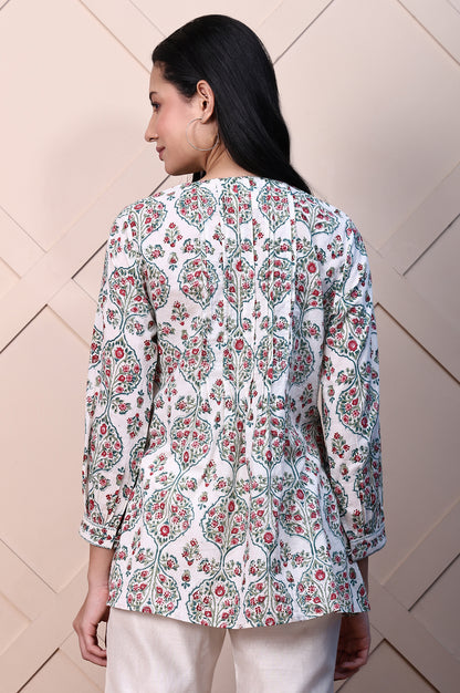 White Block Printed Pure Cotton A-line Fusion Top with Mirror Work