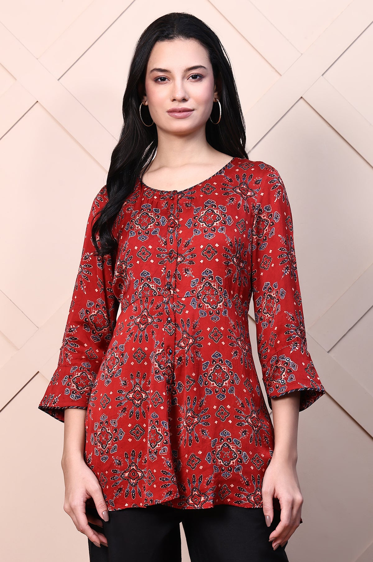 Red Ajrak Printed Mirror Work A-line Fusion Top - XS