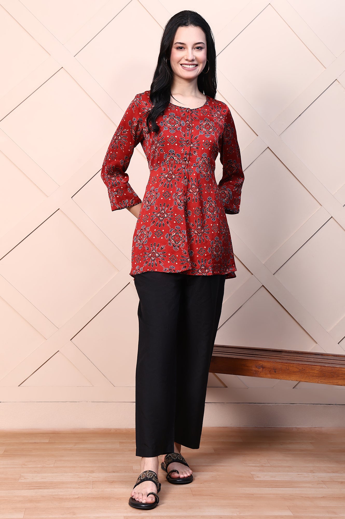 Red Ajrak Printed Mirror Work A-line Fusion Top