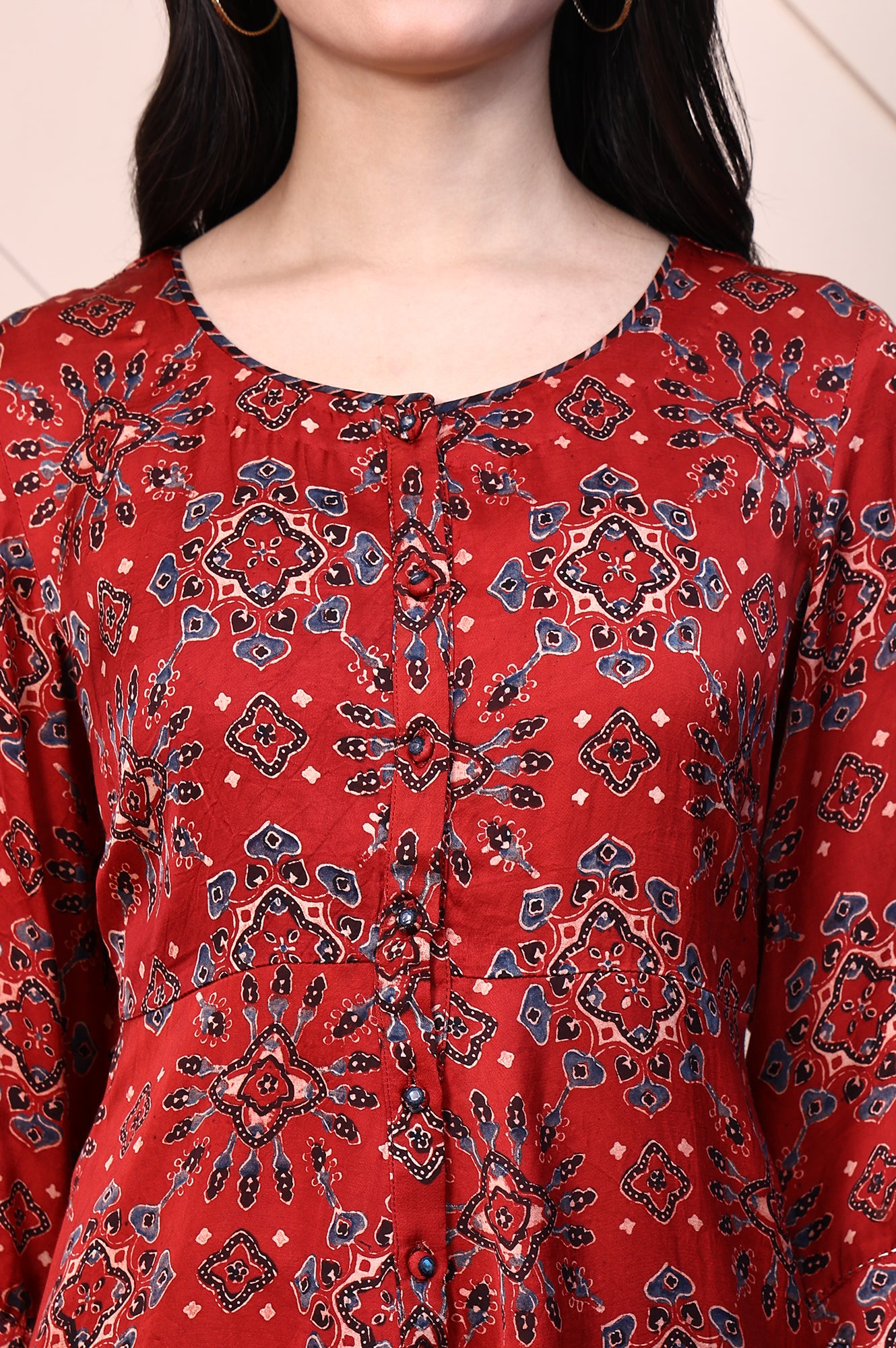 Red Ajrak Printed Mirror Work A-line Fusion Top