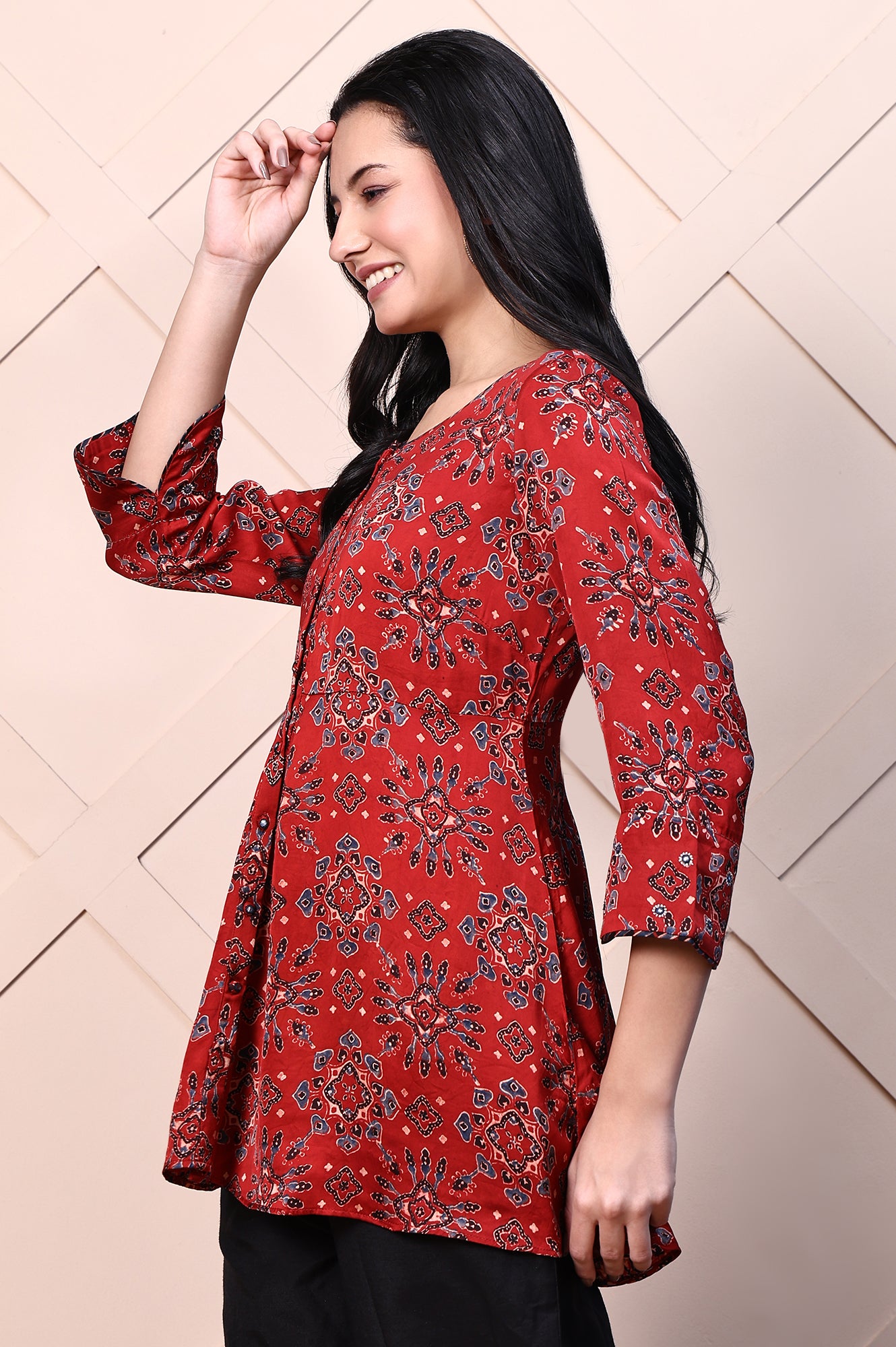 Red Ajrak Printed Mirror Work A-line Fusion Top