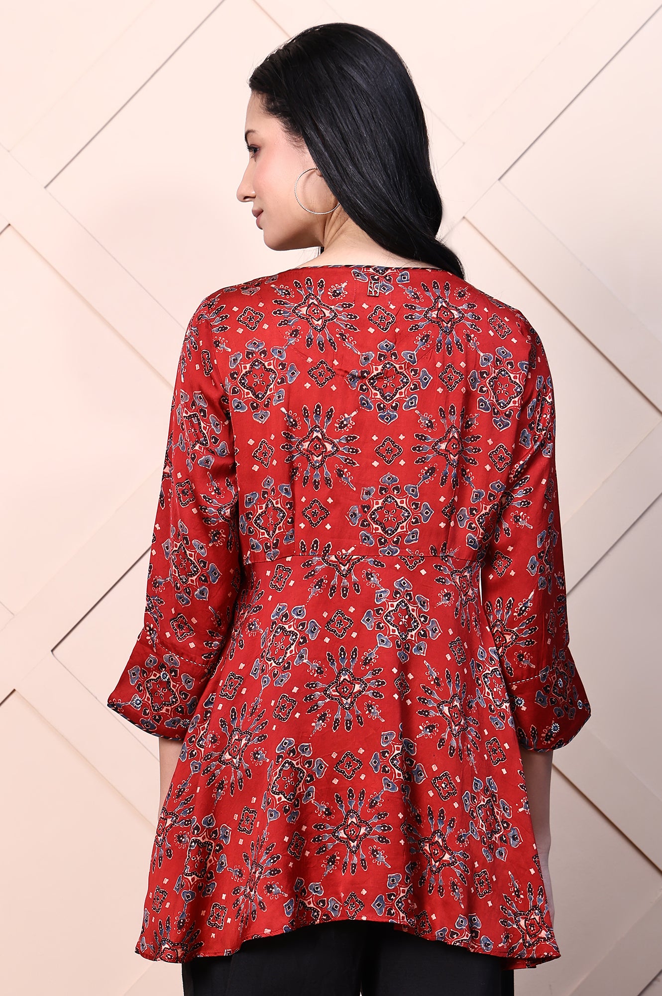 Red Ajrak Printed Mirror Work A-line Fusion Top