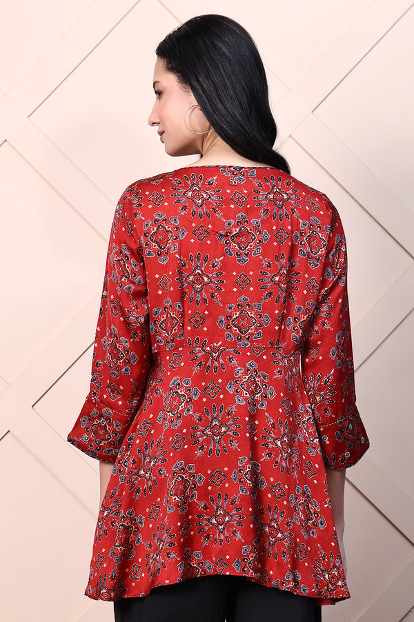Red Ajrak Printed Mirror Work A-line Fusion Top