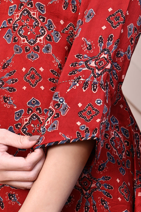 Red Ajrak Printed Mirror Work A-line Fusion Top