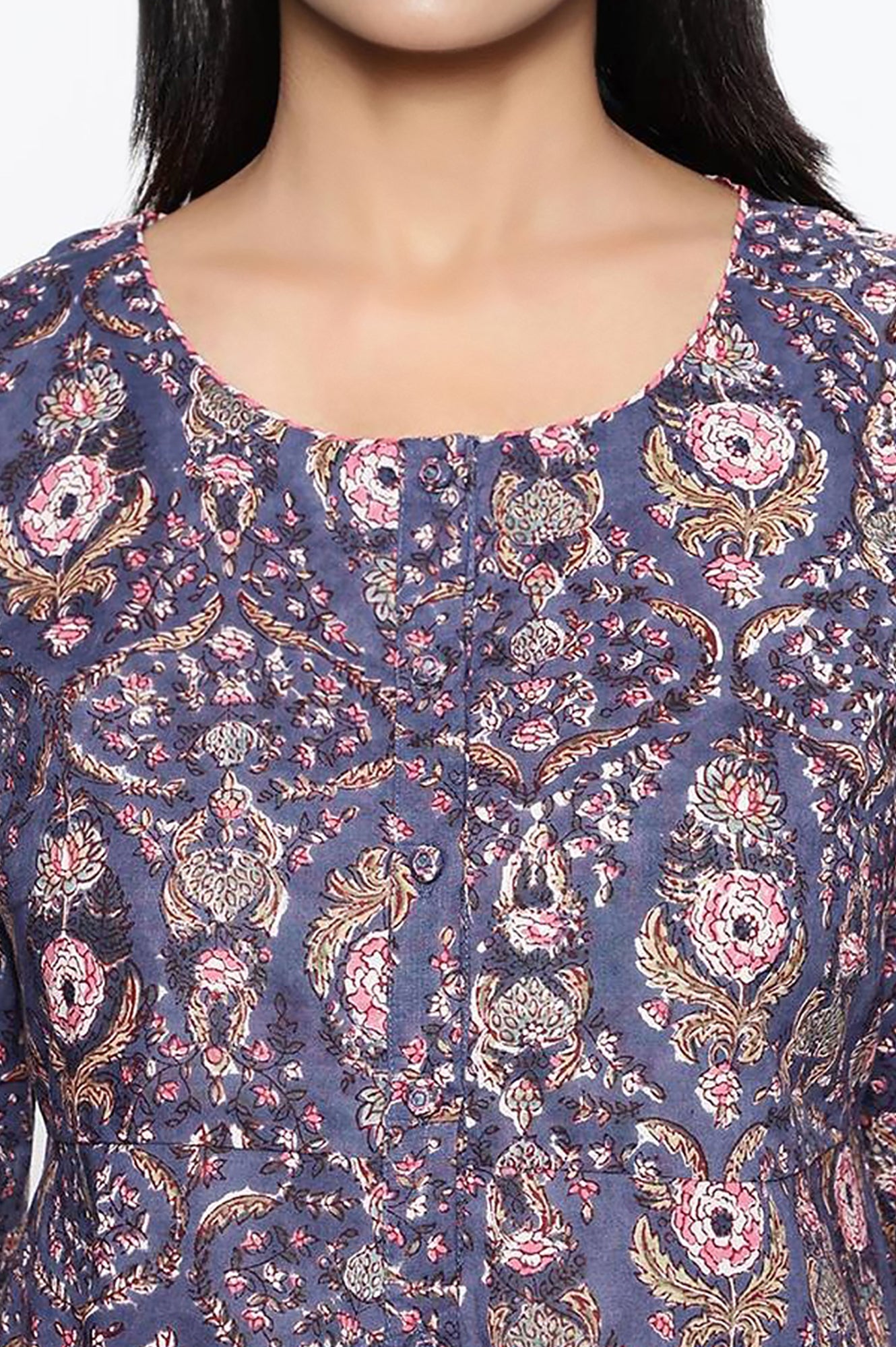 Grey Blue Printed Pure Cotton Flared Top