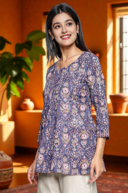 Grey Blue Printed Pure Cotton Flared Top