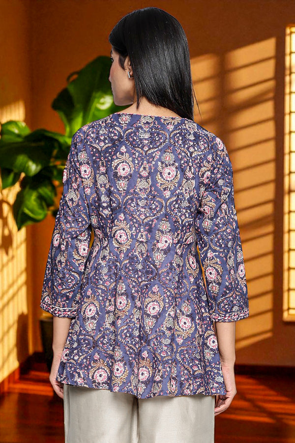 Grey Blue Printed Pure Cotton Flared Top