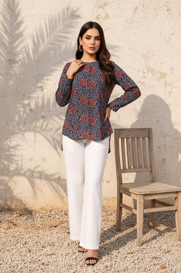 Navy Blue Floral Print Straight Modal Satin Top